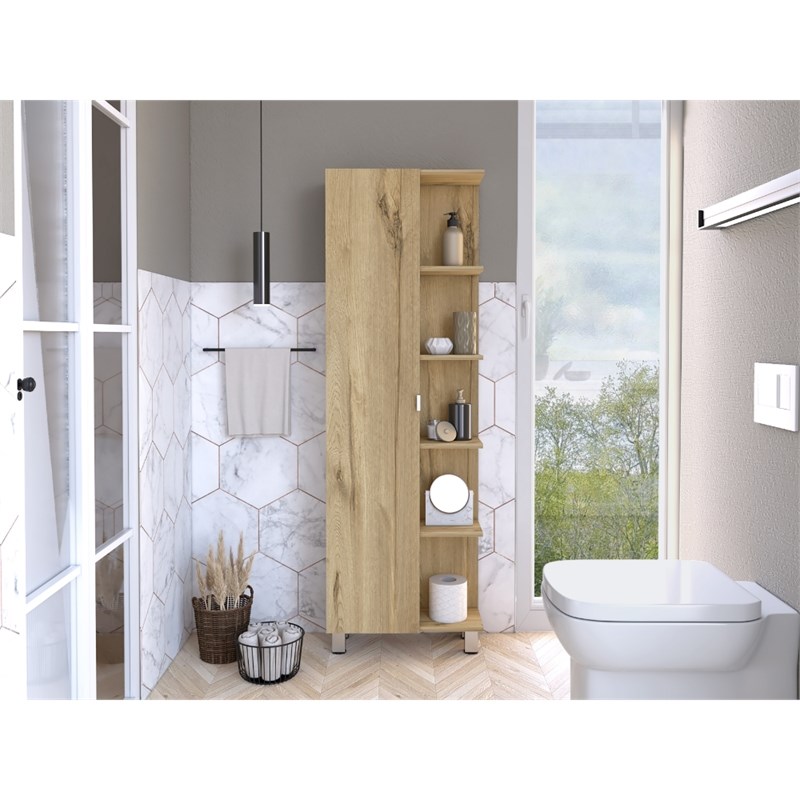 Pemberly Row Tall Linen Storage Cabinet 62.2in High in Light Oak