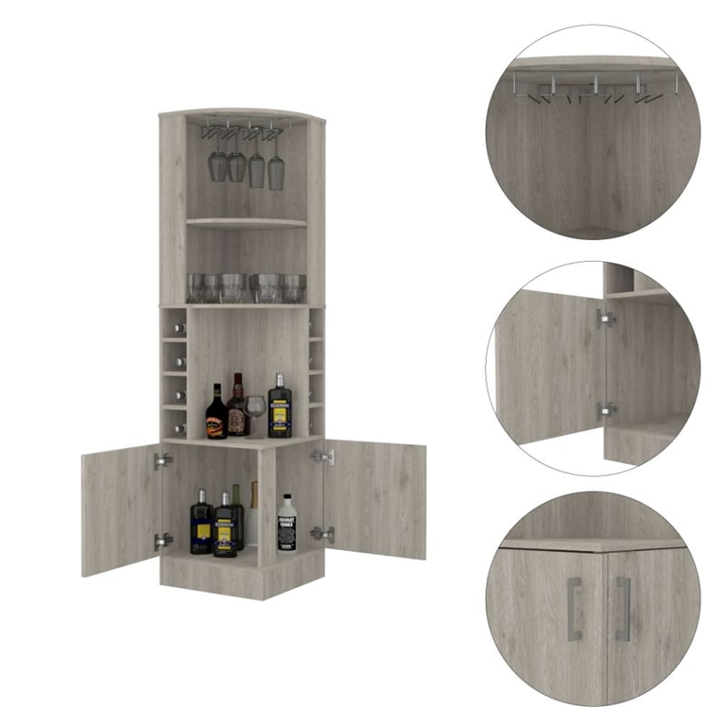 Pemberly Row Corner Bar and Wine Cabinet 71.1in High in Light Gray