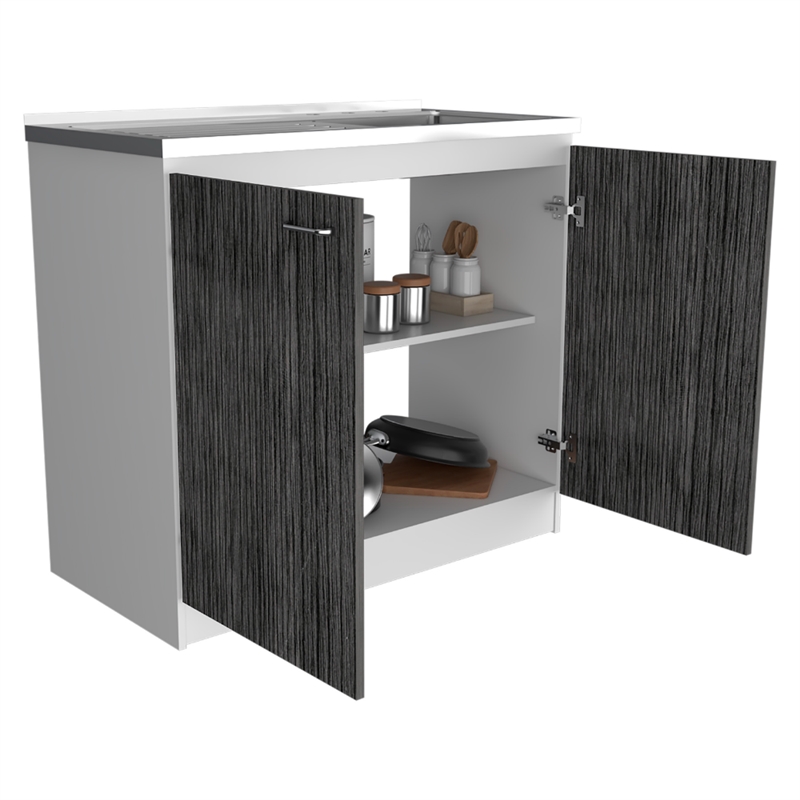 Pemberly Row Utility Sink Base Cabinet 39.3in in White and Smoky Oak