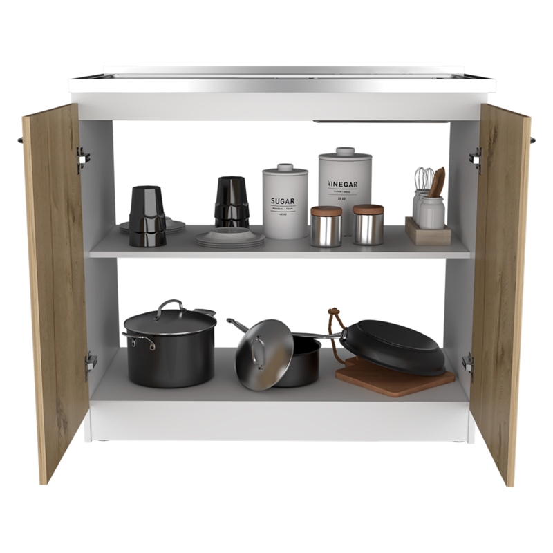 Pemberly Row Utility Sink Base Cabinet 39.3in in White and Light Oak