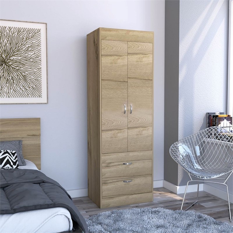 Pemberly Row 2 Door 2 Drawer Bedroom Armoire in Light Oak and Black