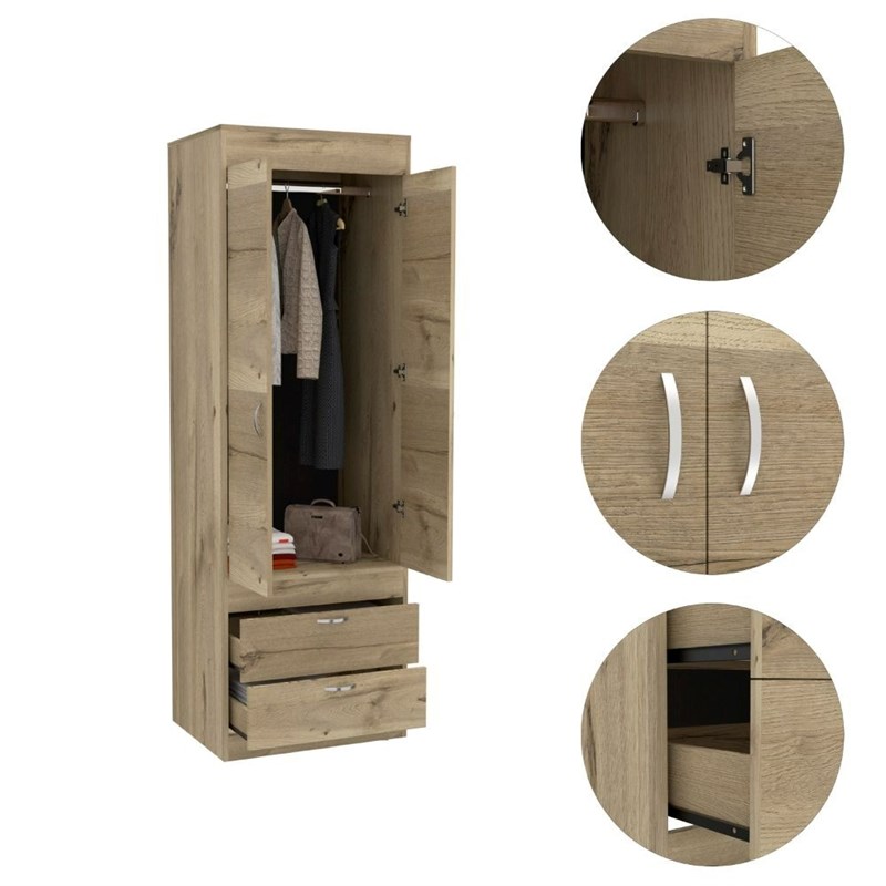 Pemberly Row 2 Door 2 Drawer Bedroom Armoire in Light Oak and Black