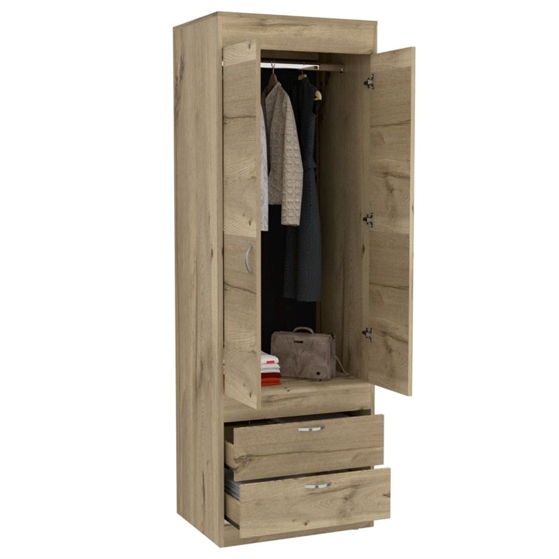 Pemberly Row 2 Door 2 Drawer Bedroom Armoire in Light Oak and Black