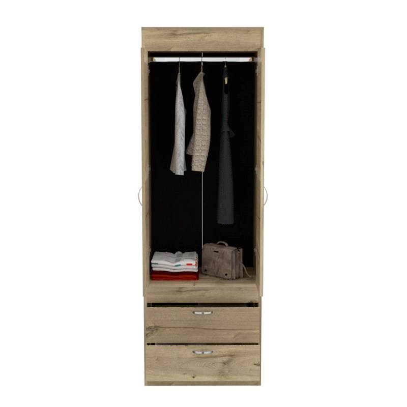 Pemberly Row 2 Door 2 Drawer Bedroom Armoire in Light Oak and Black