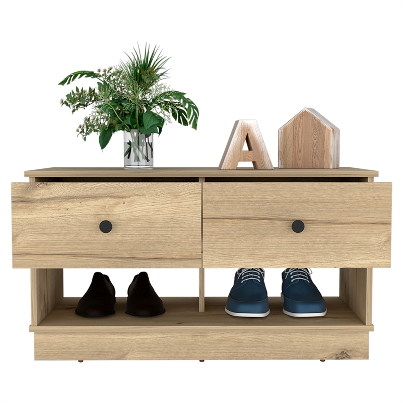 Pemberly Row Entryway Storage Bench with Shoe Shelves in Beige