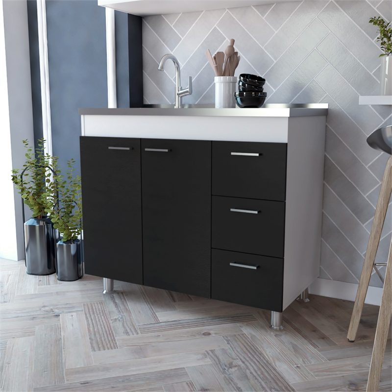 Pemberly Row Kitchen Base Cabinet with Faucet Hole 39.37in in Multi-Color