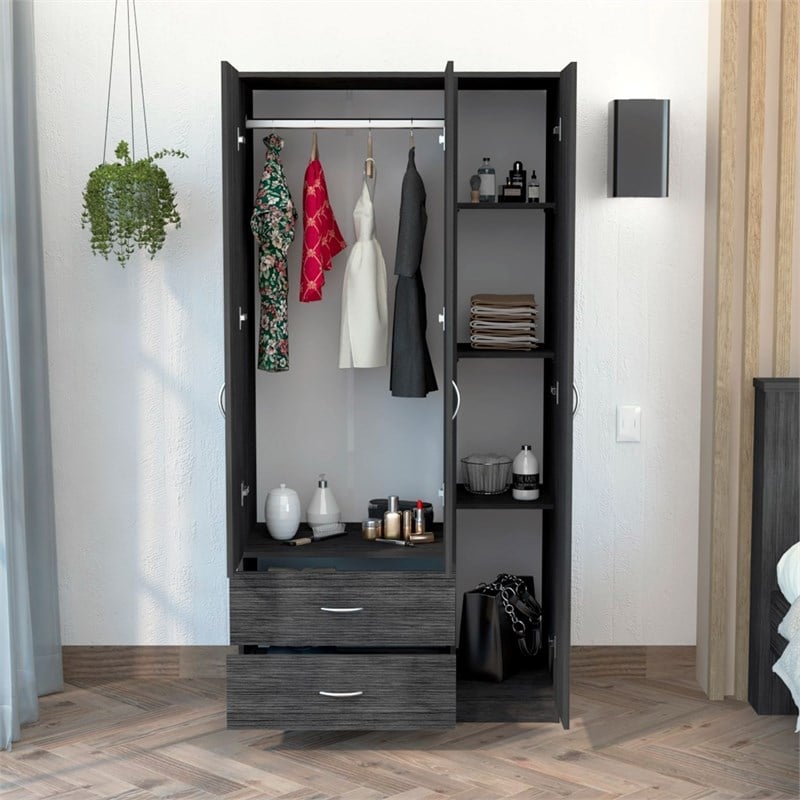 Pemberly Row 3 Door Armoire 35.4in Wide with 2 Drawers in Gray