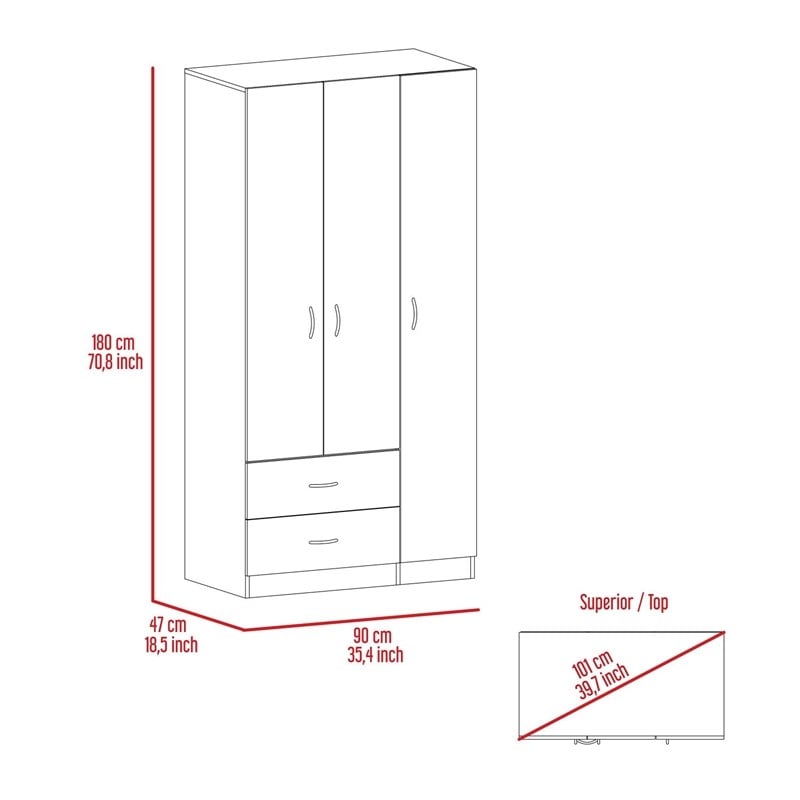 Pemberly Row 3 Door Armoire 35.4in Wide with 2 Drawers in Gray