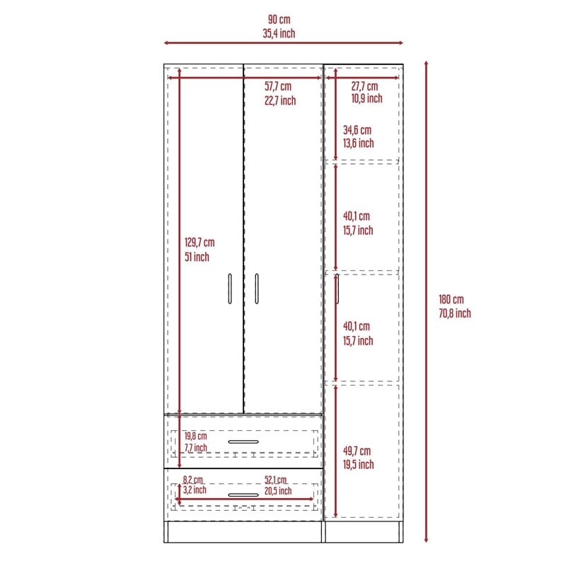 Pemberly Row 3 Door Armoire 35.4in Wide with 2 Drawers in Gray