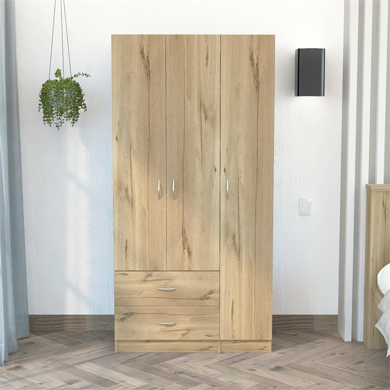 Pemberly Row 3 Door Armoire 35.4in Wide with 2 Drawers in Beige