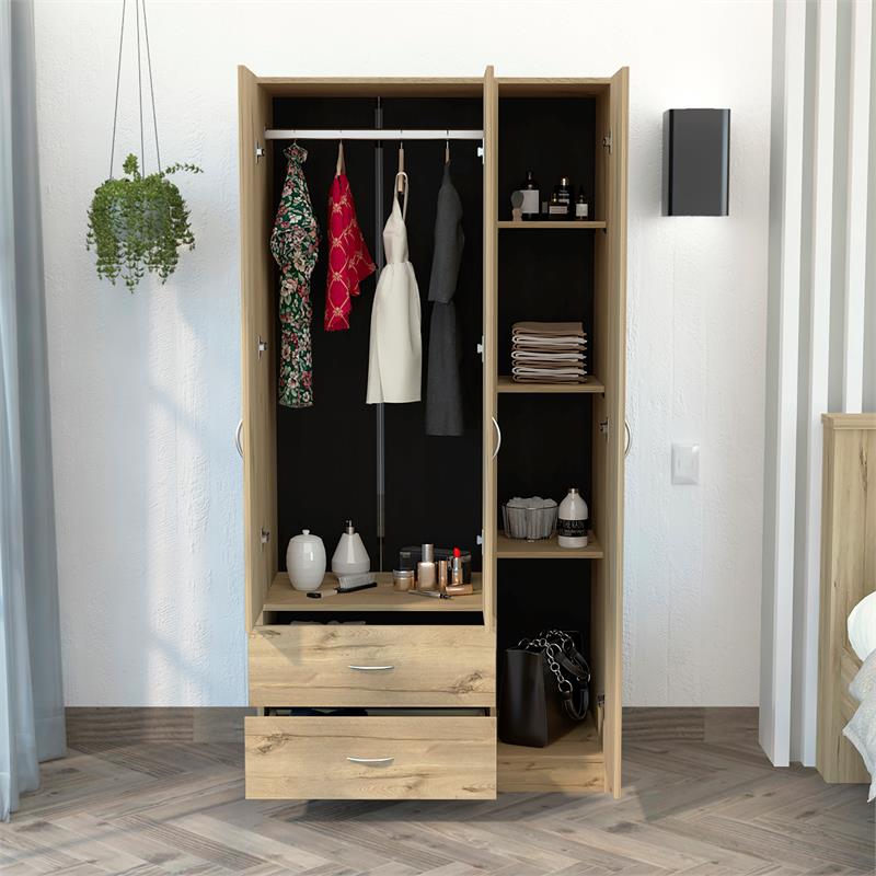 Pemberly Row 3 Door Armoire 35.4in Wide with 2 Drawers in Beige