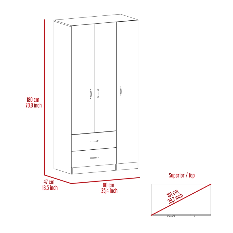Pemberly Row 3 Door Armoire 35.4in Wide with 2 Drawers in Beige