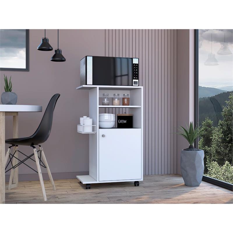 Pemberly Row Mobile Kitchen Cart with Microwave Counter in White