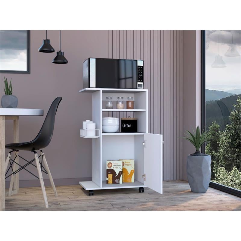 Pemberly Row Mobile Kitchen Cart with Microwave Counter in White