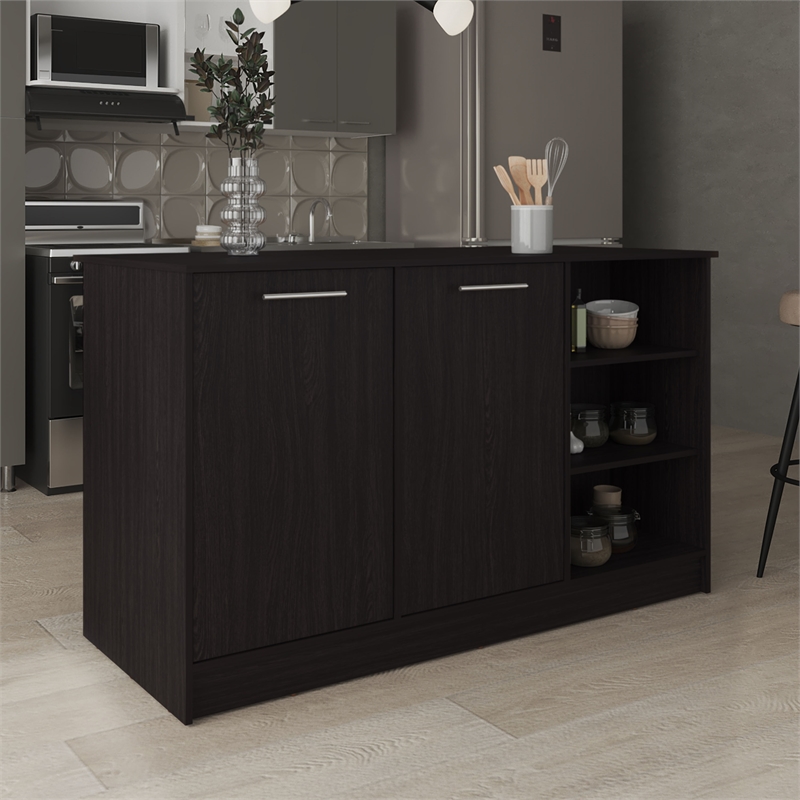 Pemberly Row Kitchen Island with Two Cabinets 59in Wide in Black