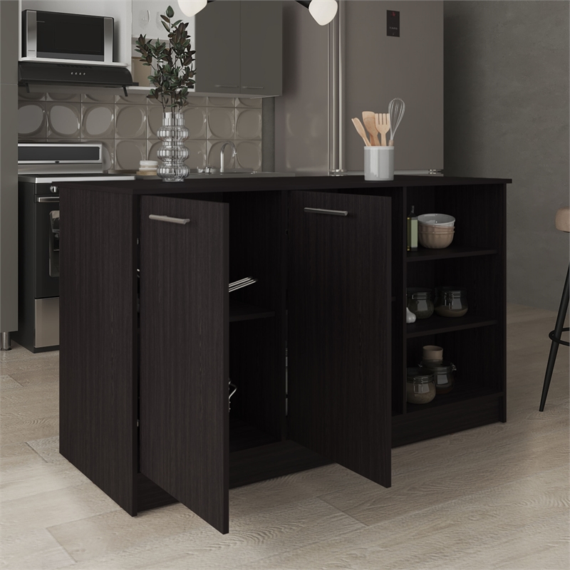 Pemberly Row Kitchen Island with Two Cabinets 59in Wide in Black
