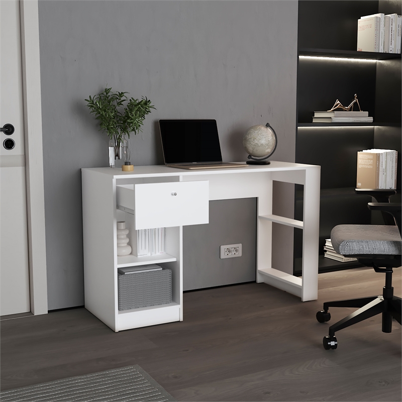 Pemberly Row One Drawer Home Desk with Shelves 47.2in in White