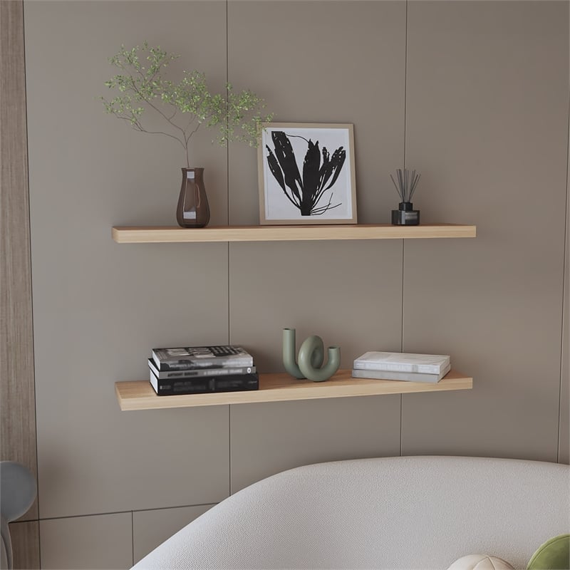 Pemberly Row 47in Modern Floating Wall Shelves Set of 2 in Beige