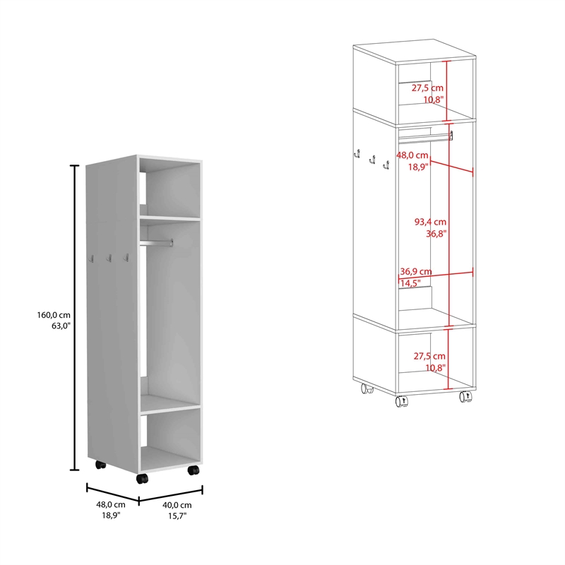 Pemberly Row Rolling Wardrobe Closet with Mirror 63in High in White