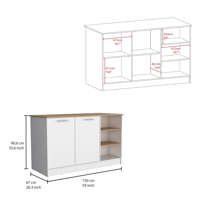 Pemberly Row Two Cabinet Kitchen Island 59in Wide in Multi-Color