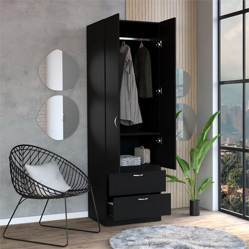 Pemberly Row Tall Bedroom Armoire Wardrobe 76in High in Black