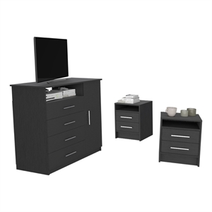 Pemberly Row 3 Piece Bedroom Set Dresser and 2 Nightstands in Black