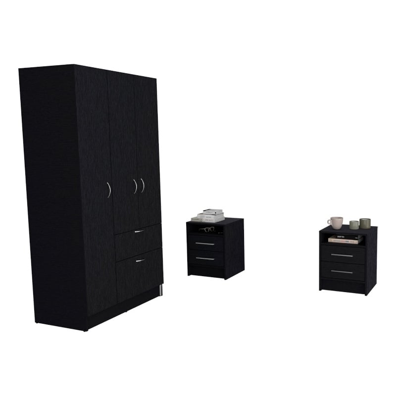 Pemberly Row Armoire and 2 Nightstand Set in Black and White