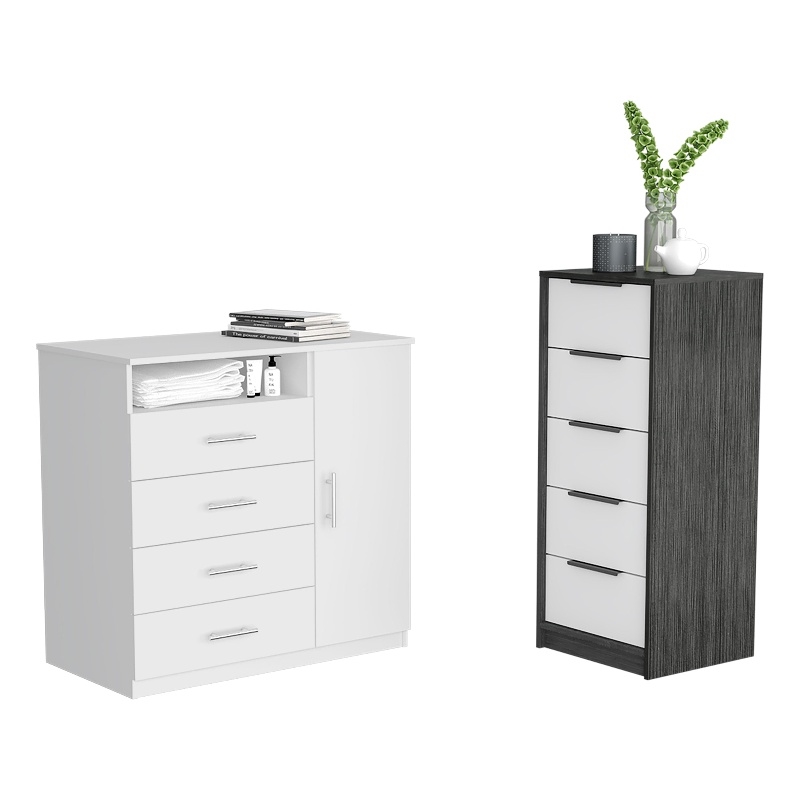 Pemberly Row 2 Piece Bedroom Set 2 Dressers in White and Smokey Oak