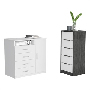 Pemberly Row 2 Piece Bedroom Set 2 Dressers in White and Smokey Oak