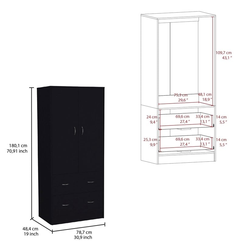 Pemberly Row 2 Door 2 Drawer Bedroom Armoire 70.9in High in Black