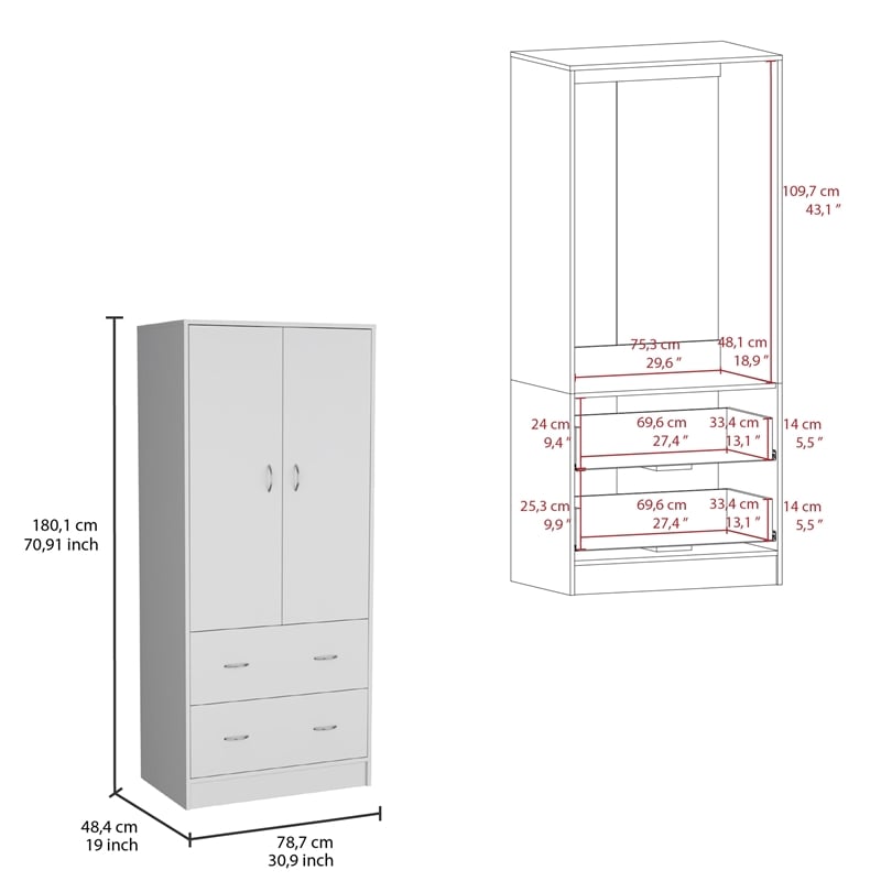 Pemberly Row 2 Door 2 Drawer Bedroom Armoire 70.9in High in White