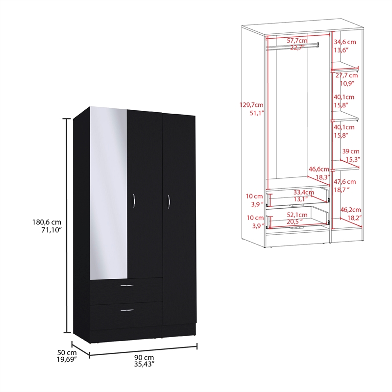 Pemberly Row Bedroom Armoire with Hanging Rod and Drawers in Black