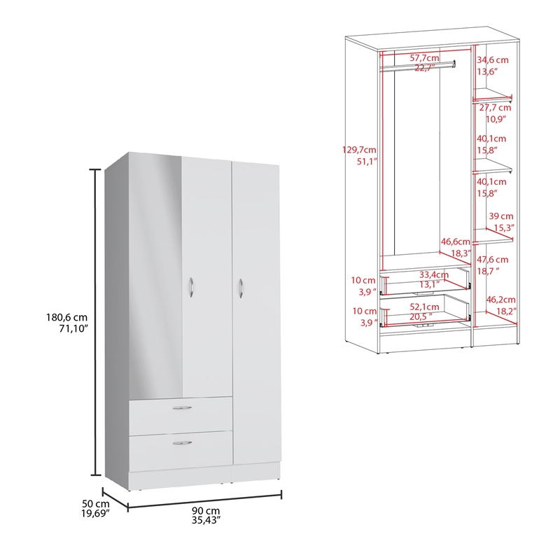 Pemberly Row Bedroom Armoire with Hanging Rod and Drawers in White