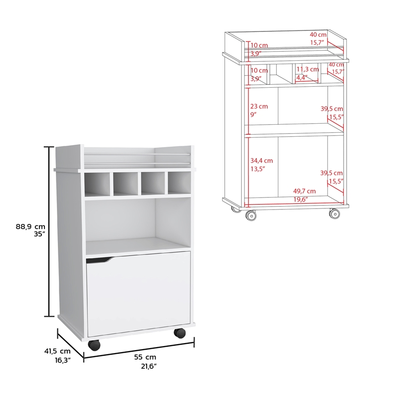 Pemberly Row Bar Cart with Wine Cubbies and Shelves 35in High in White