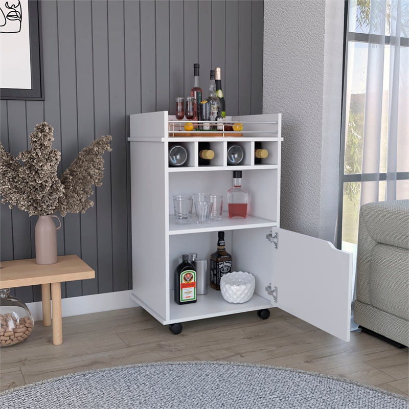 Pemberly Row Bar Cart with Wine Cubbies and Shelves 35in High in White