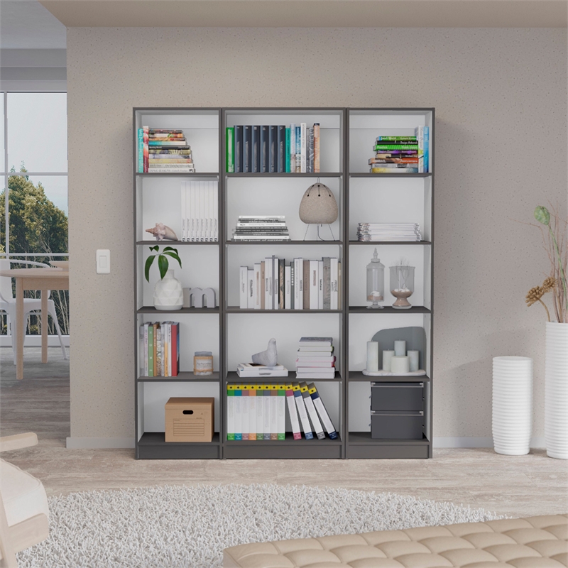 Pemberly Row 3 Piece Bookcase Set 71in Tall in Matt Gray and White
