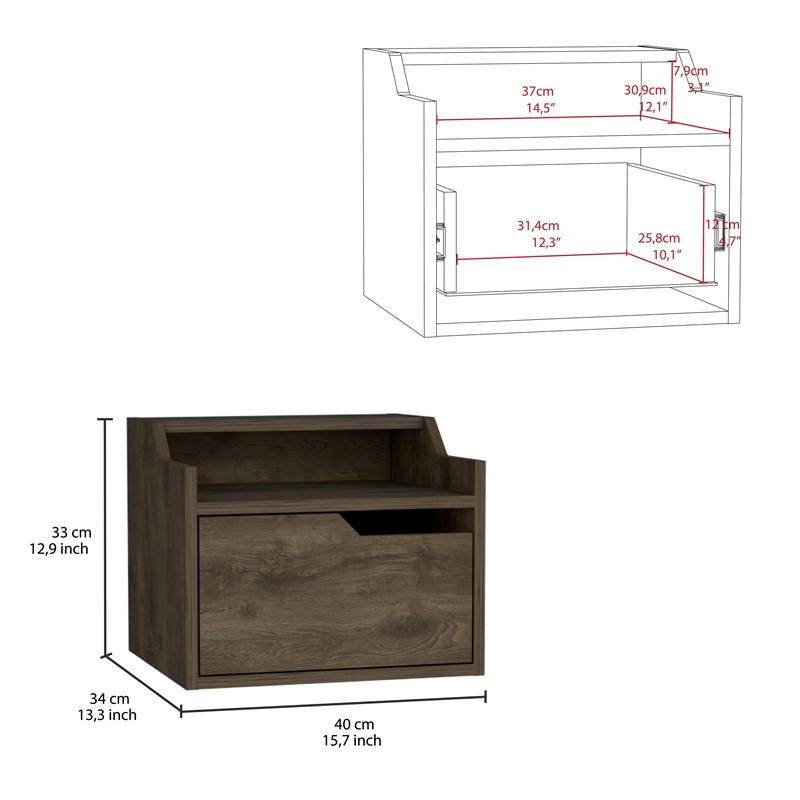 Pemberly Row Floating Nightstand with Drawer and Shelf in Brown