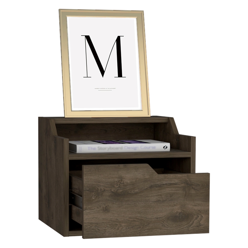 Pemberly Row Floating Nightstand with Drawer and Shelf in Brown