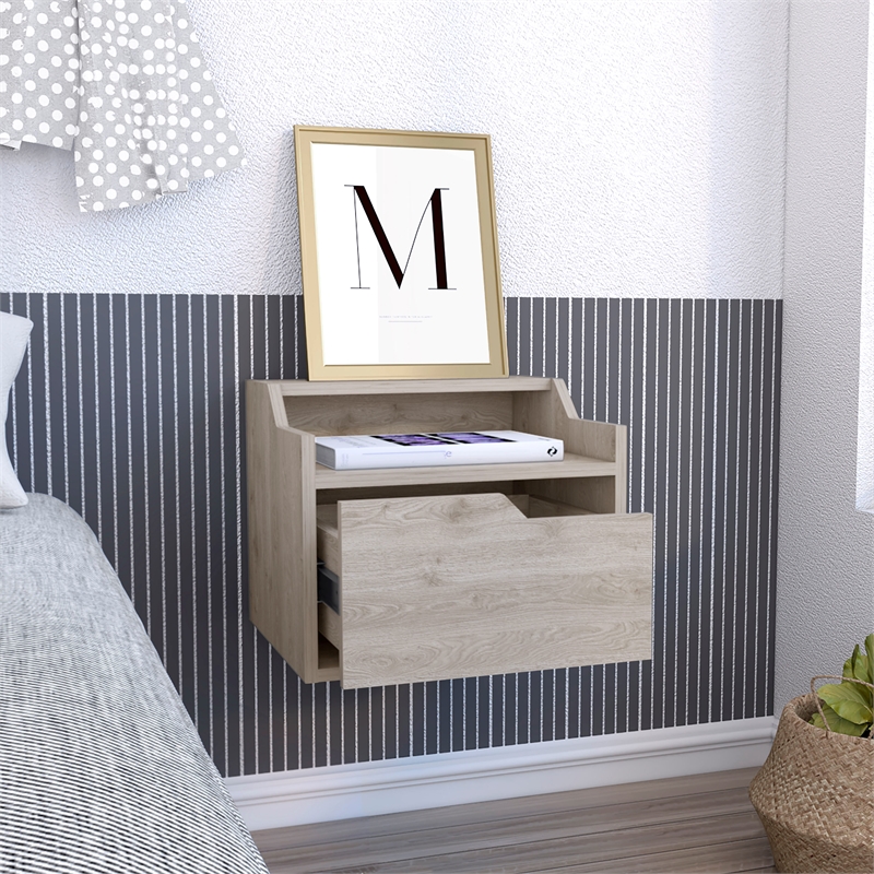 Pemberly Row Floating Nightstand with Drawer and Shelf in Gray