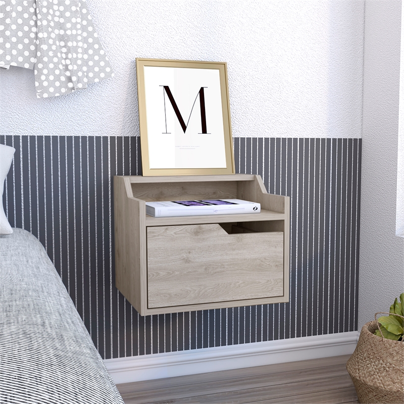 Pemberly Row Floating Nightstand with Drawer and Shelf in Gray