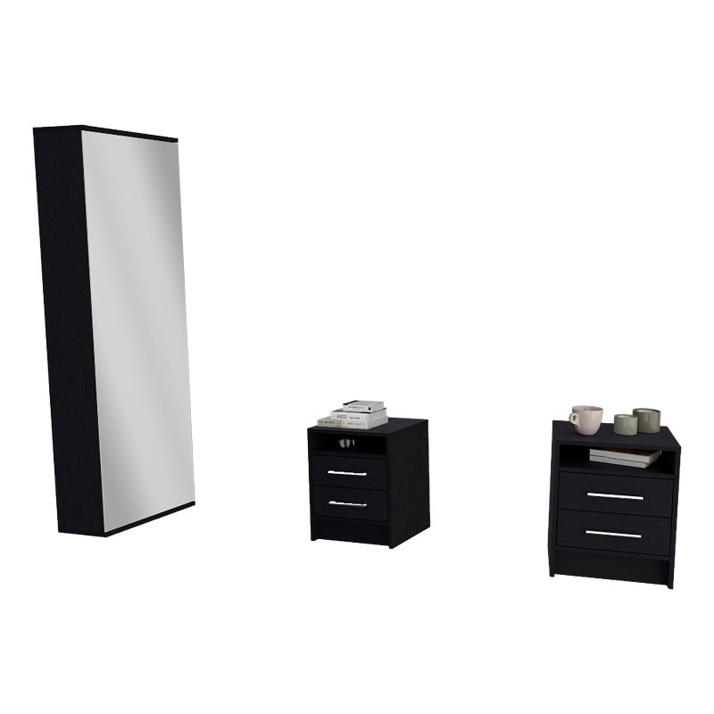 Pemberly Row 3 Piece Bedroom Set Shoe Rack and 2 Nightstands in Black
