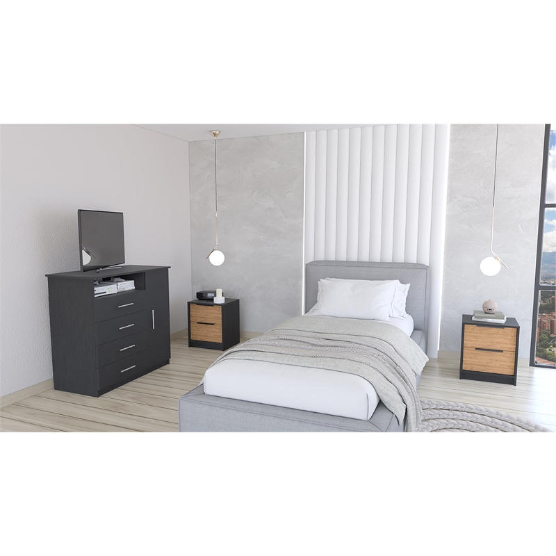 Pemberly Row 3 Piece Bedroom Set Dresser and 2 Nightstands in Black