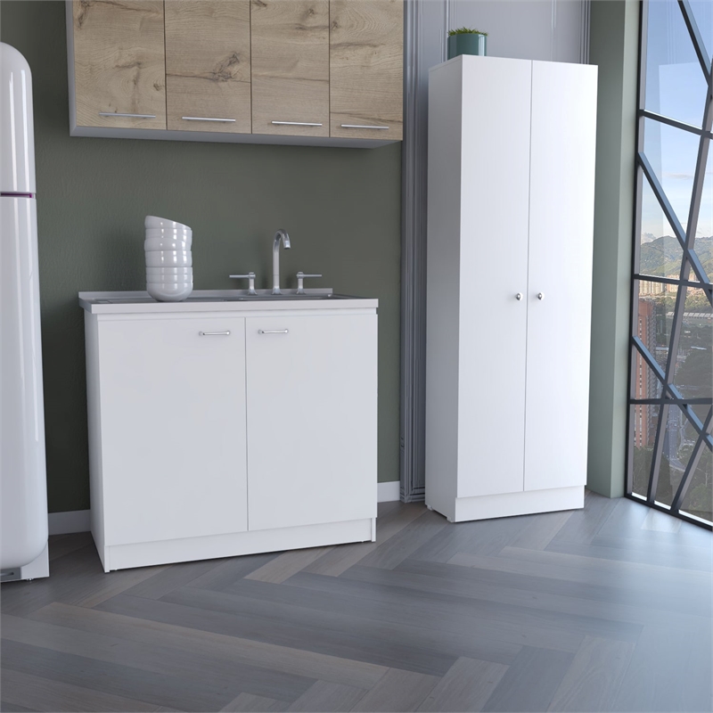 Pemberly Row 2 Piece Kitchen Set Utility Sink and Pantry in White