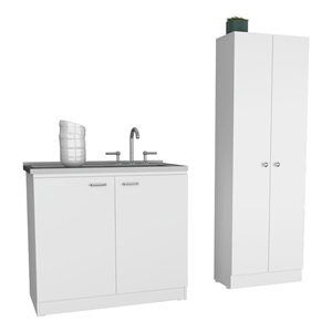 Pemberly Row 2 Piece Kitchen Set Utility Sink and Pantry in White