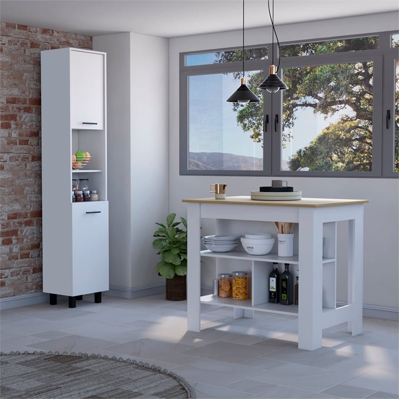 Pemberly Row 2 Piece Kitchen Set Island and Pantry in Multi-Color