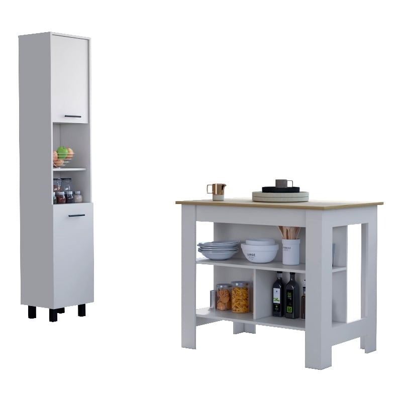 Pemberly Row 2 Piece Kitchen Set Island and Pantry in Multi-Color