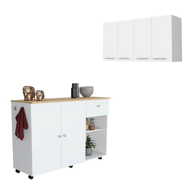 Pemberly Row 2 Piece Kitchen Set Cart and Wall Cabinet in Multi-Color