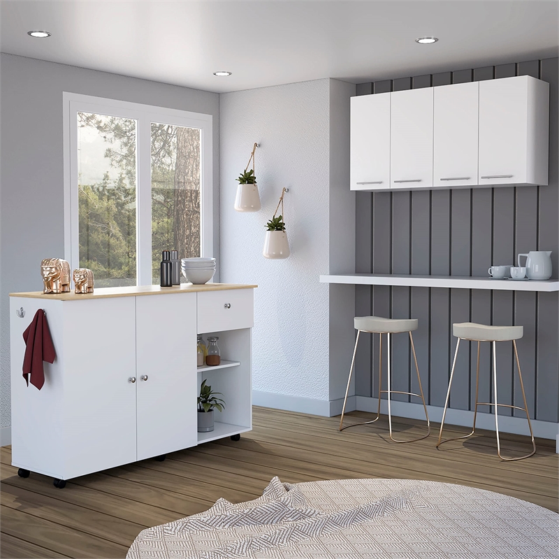 Pemberly Row 2 Piece Kitchen Set Cart and Wall Cabinet in Multi-Color