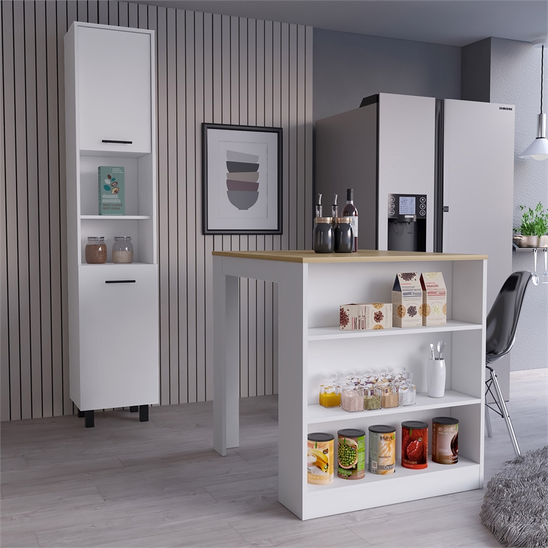 Pemberly Row 2 Piece Kitchen Set Island and Pantry in Multi-Color
