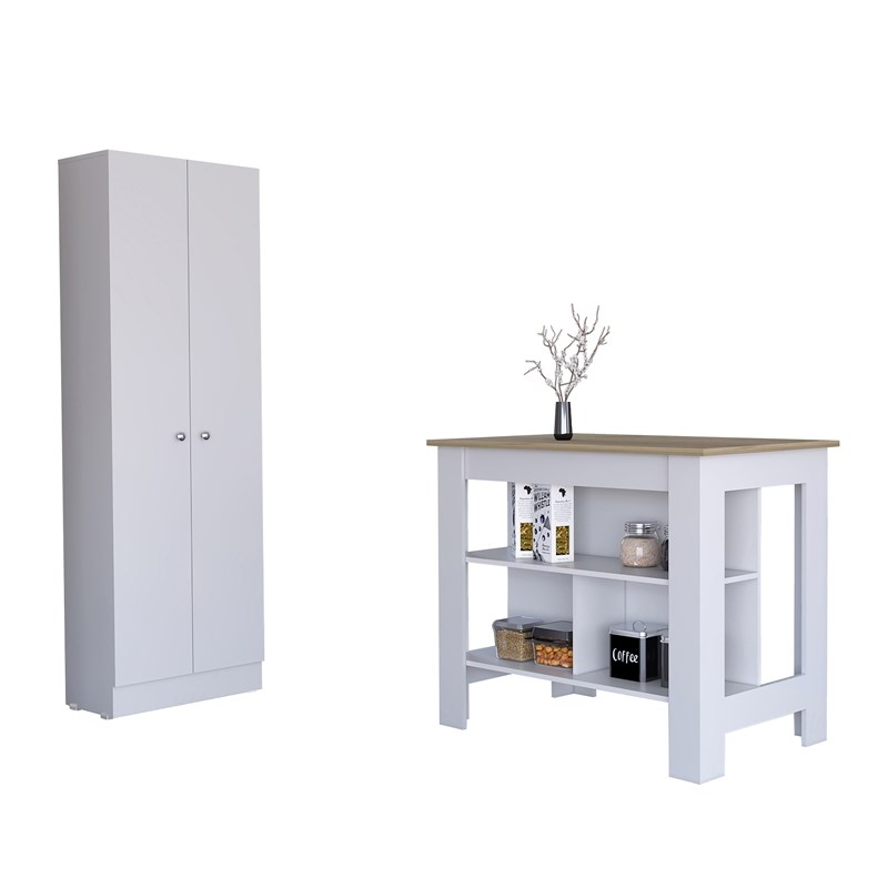 Pemberly Row 2 Piece Kitchen Set Island and Pantry in Multi-Color